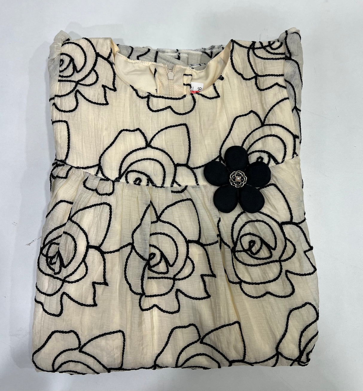 Girls’ Floral Embroidered Party Dress – Cream with Black Rose Design