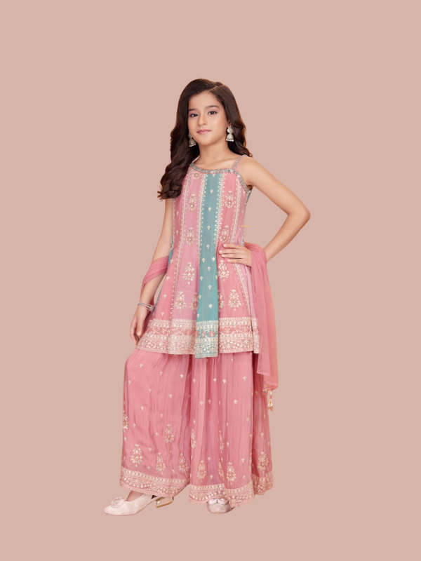 Young girl modeling a heavily embroidered traditional Indian/Pakistani sharara outfit in pink and teal, consisting of a sleeveless Kurti, wide-leg pants, and a dupatta.