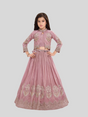 Young girl modeling a three-piece Indian ethnic wear set: a long, pleated mauve lehenga skirt and an embroidered, long-sleeve, high-neck cropped jacket over a choli.