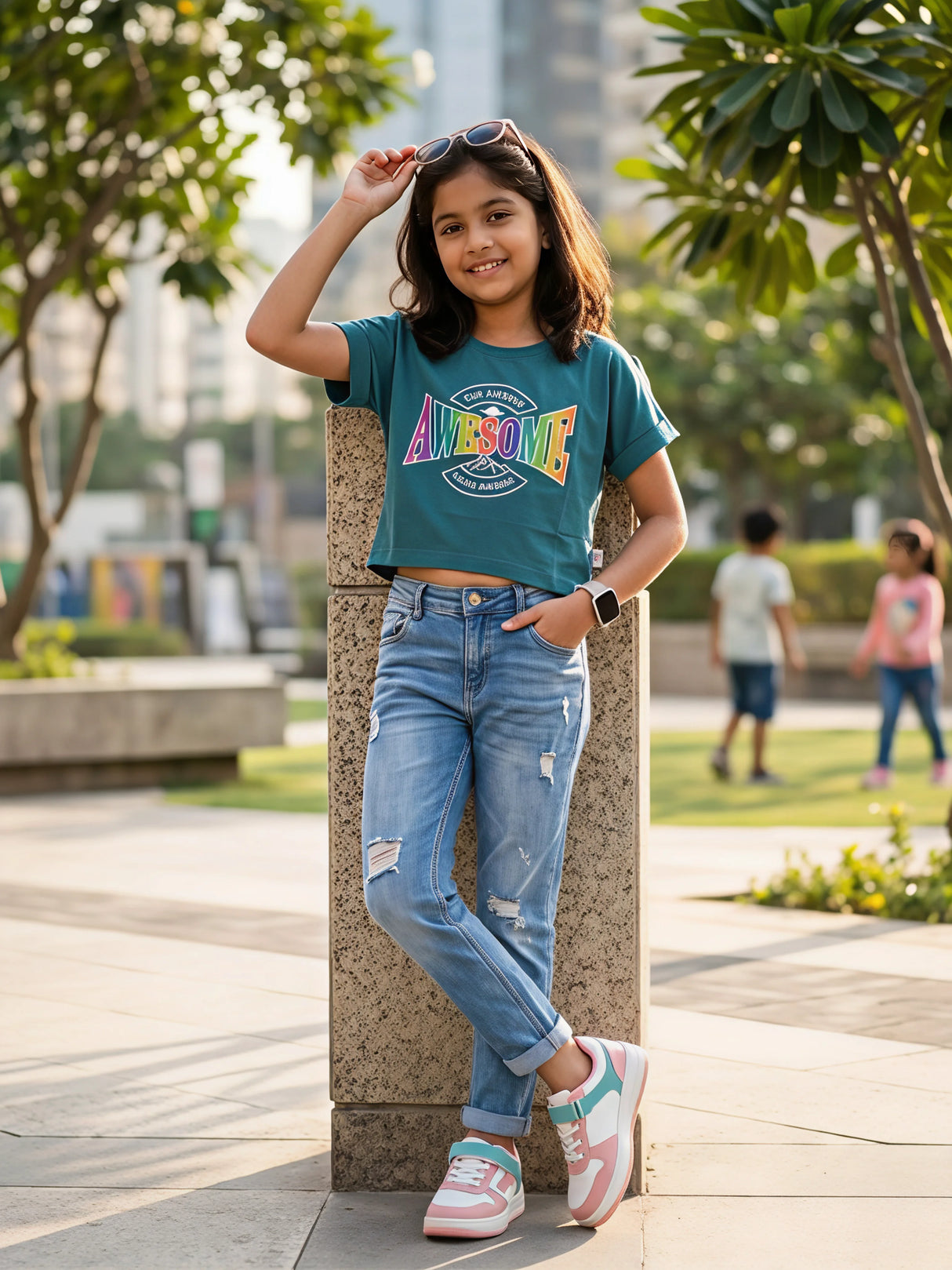Girls' Green "Awesome" Graphic Crop Top