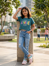 Girls' Green "Awesome" Graphic Crop Top
