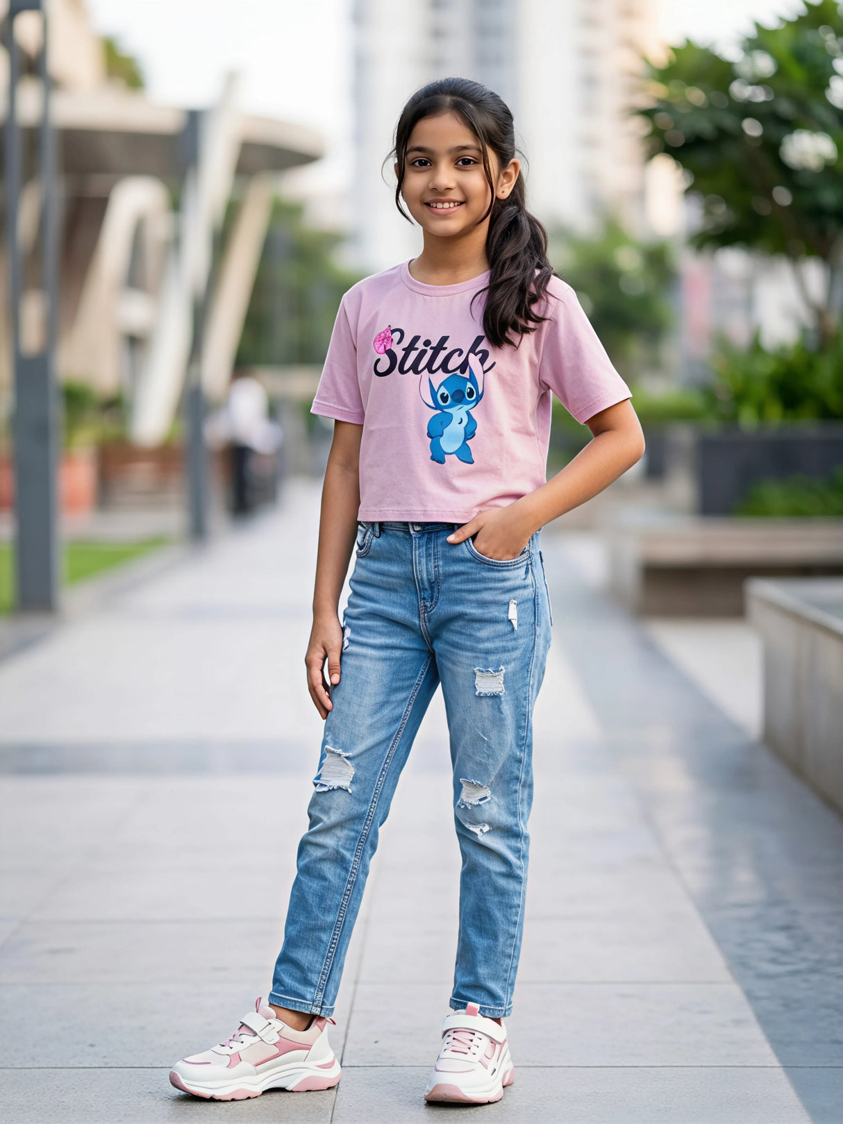 Girls Purple Stitch Graphic Crop Top