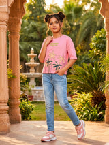 Girls Pink Tropical Palm Print Boxy Tee