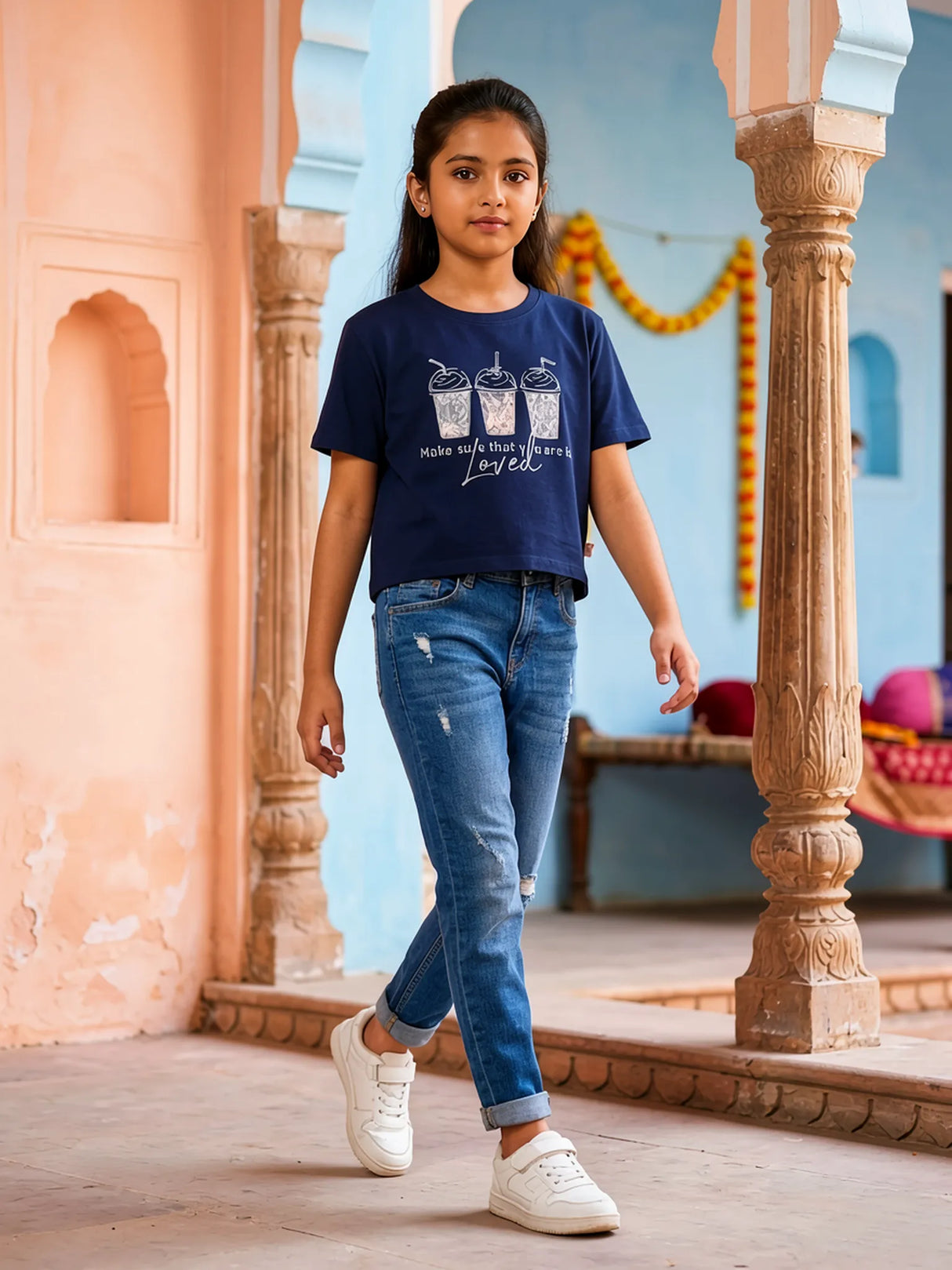 Girls Navy Blue Graphic Print Cotton Crop Top
