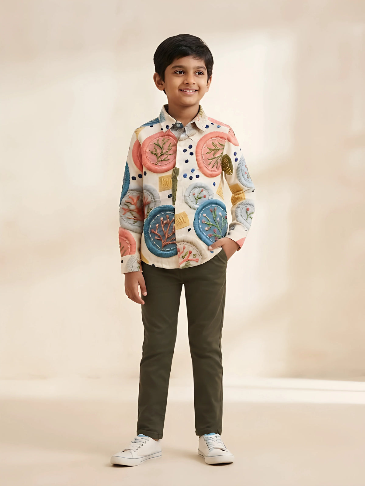 Cream embroidered pattern shirts and t-shirt set for boys displayed on a white background.