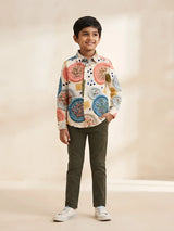 Cream embroidered pattern shirts and t-shirt set for boys displayed on a white background.