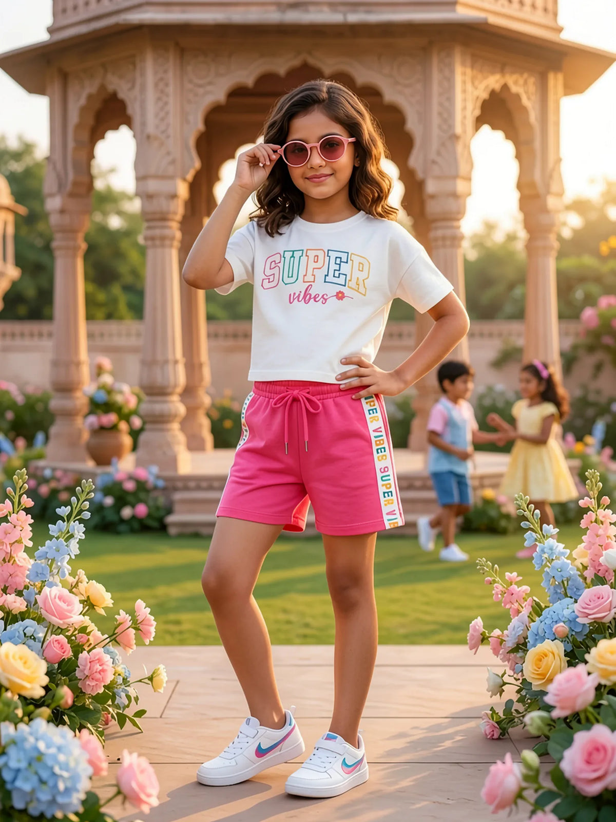 Girls Pink Super Vibes Crop Top and Shorts Co-ord Set