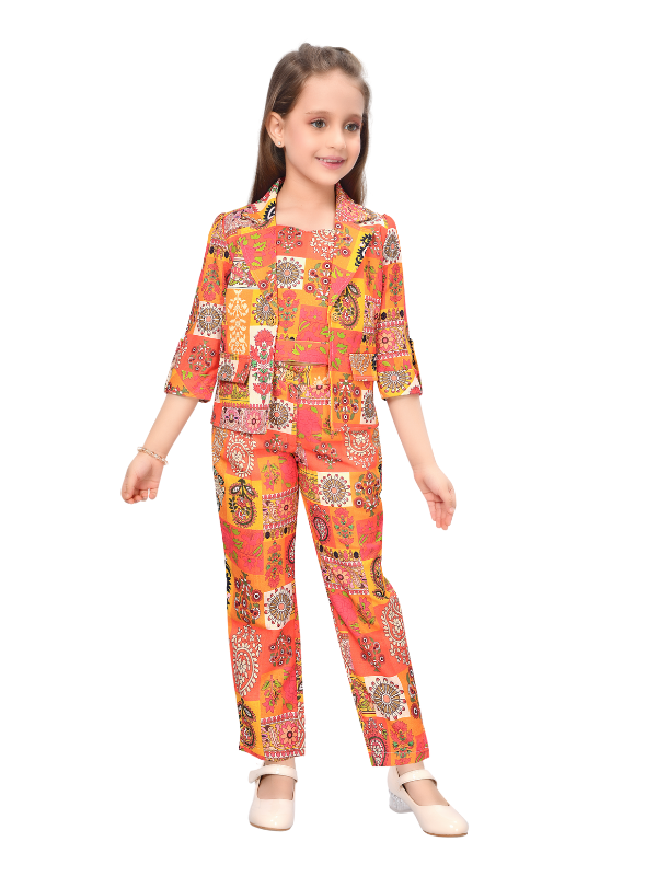 Girls' Orange Printed Two-Piece Co-ord