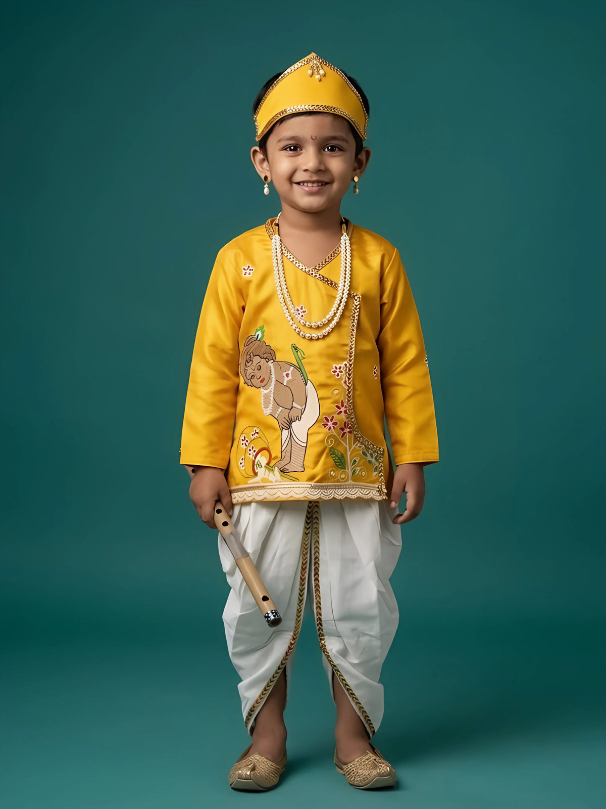 Young boy wearing a bright yellow Kanha angrakha kurta with Krishna illustration and off-white dhoti set with golden border and matching headband