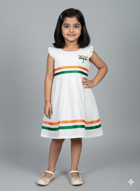 Young girl wearing a white frock with ruffle cap sleeves, a white bodice, and saffron/orange and green ribbon stripes on the skirt, with a flag embroidery on the chest, posing against a grey background.