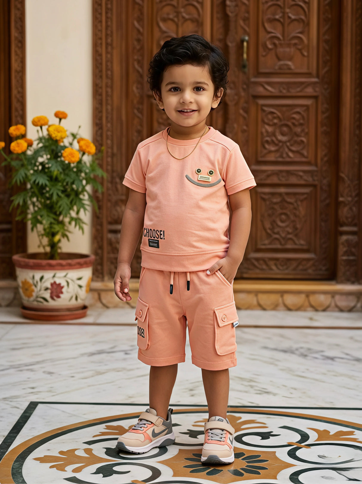 Boys Peach Cotton Blend T-Shirt and Cargo Shorts Coordinate Set