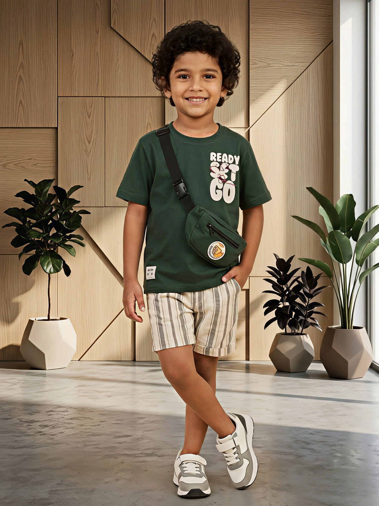 Boys Ready Set Go Green Cotton T-Shirt & Striped Shorts Co-ord Set