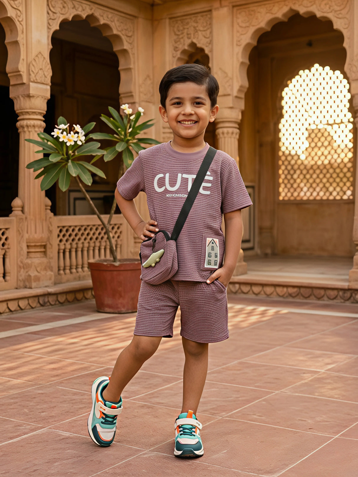 Boys Purple Textured "Cute" Co-ord Set with Matching Crossbody Bag