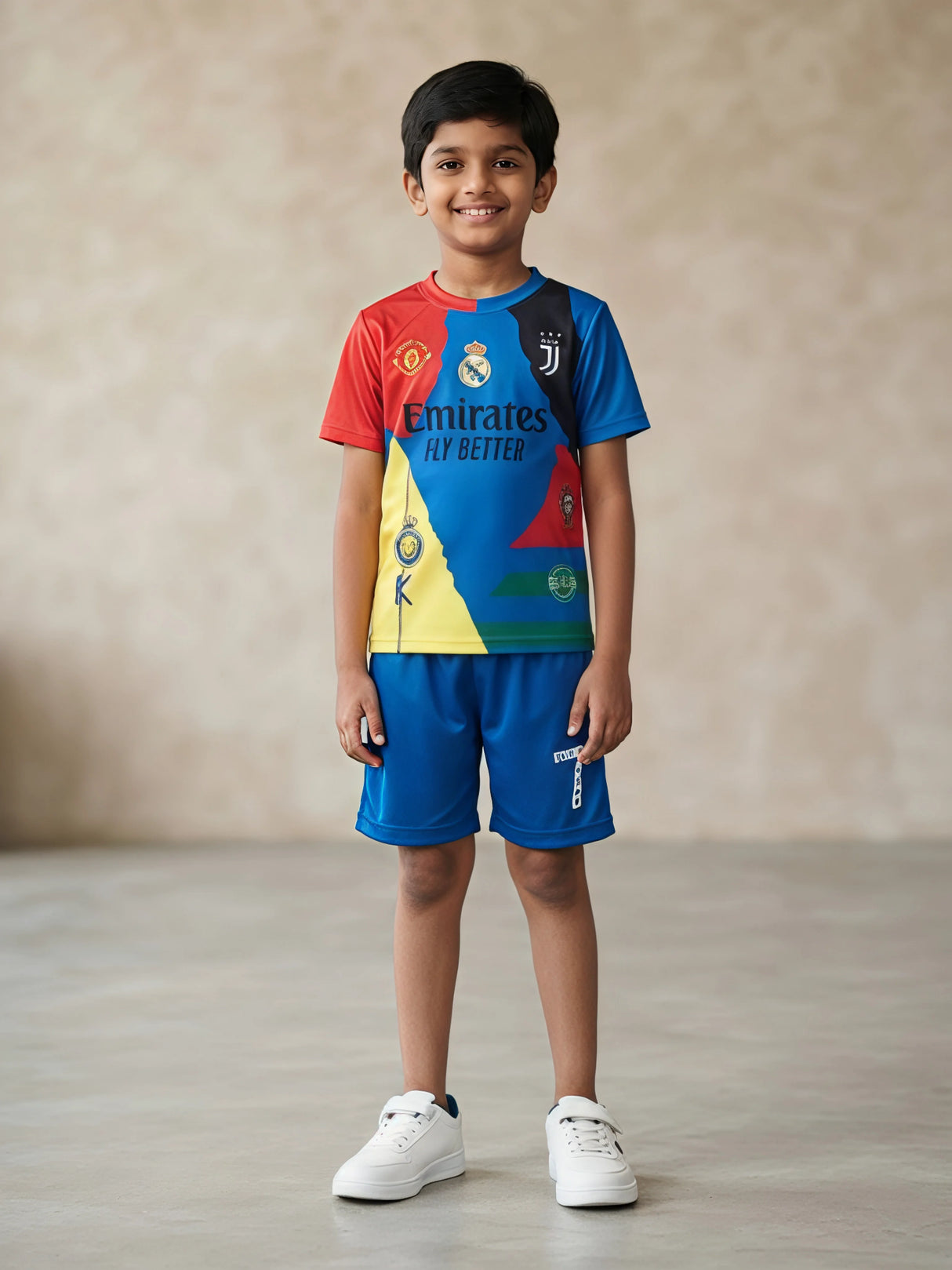 Young boy wearing a blue printed short-sleeve sports jersey t-shirt and matching blue shorts co-ord set