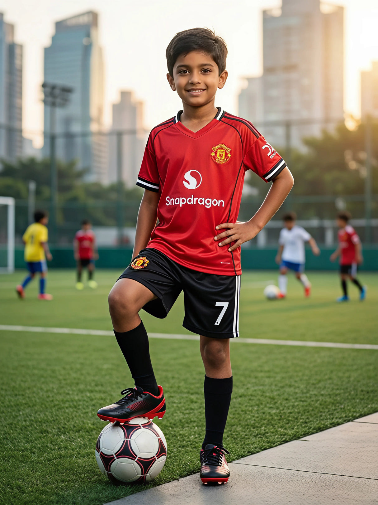 A young boy wearing a red football jersey and black shorts standing with a soccer ball on an outdoor field.