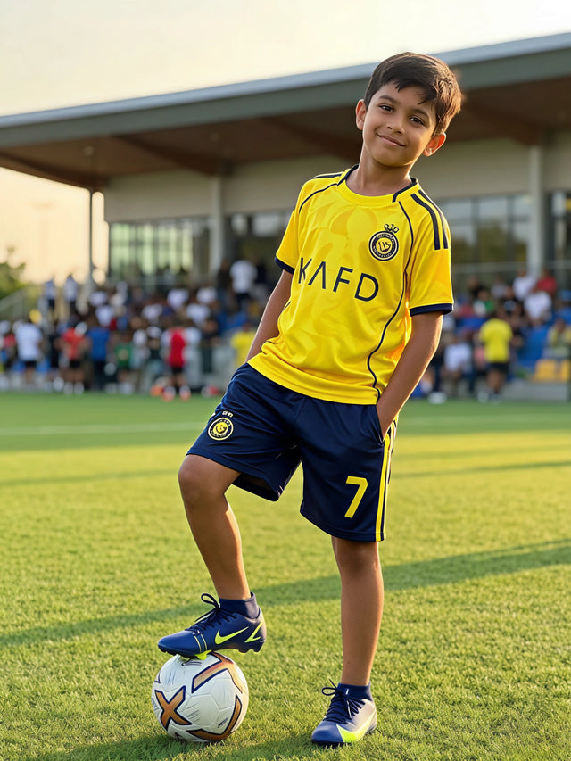 A young boy wearing a yellow and blue football jersey and matching shorts, standing on a football field with his foot on a soccer ball.