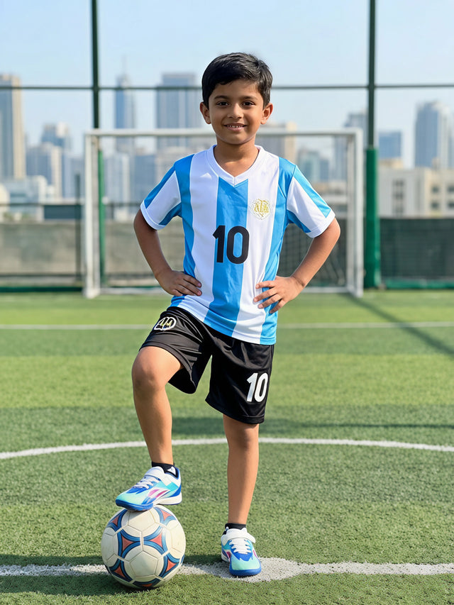 Young boy wearing a white and blue football jersey and black shorts standing on a soccer field with a ball.