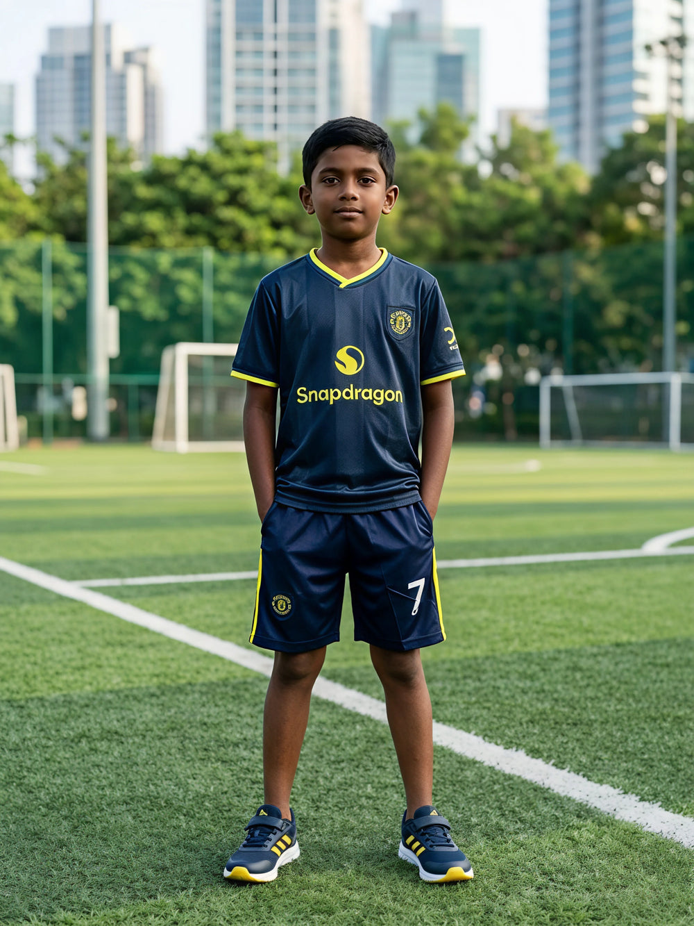 A young boy wearing a navy blue sports jersey and shorts set with yellow accents, standing on a football field.
