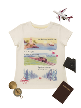 Girls' off-white short-sleeve T-shirt featuring a multi-scene watercolor graphic print with images of a lighthouse, train, and ocean, and text saying "bon voyage".