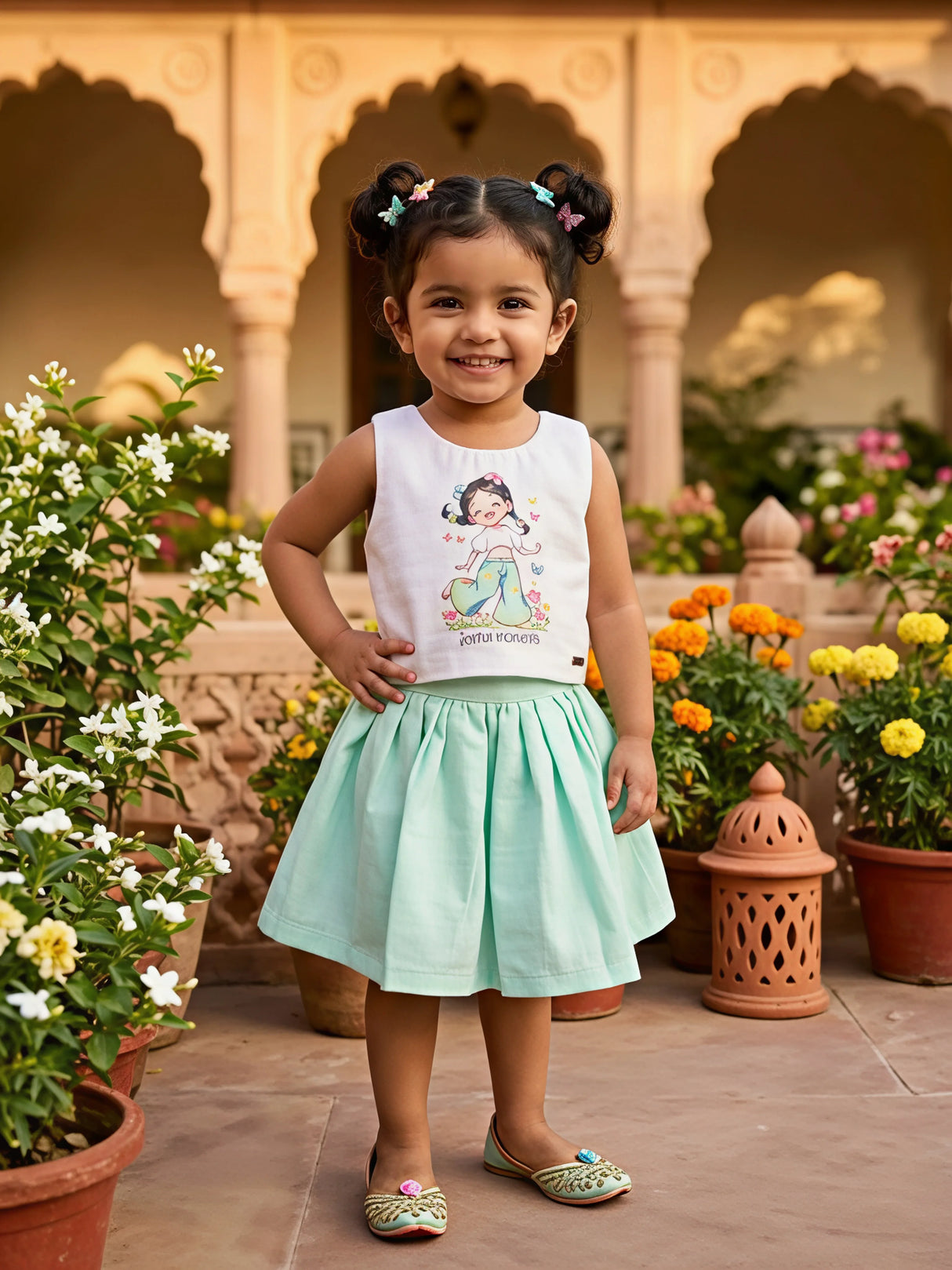 Girls' Mint Green Pleated Skirt & Graphic Tank Set