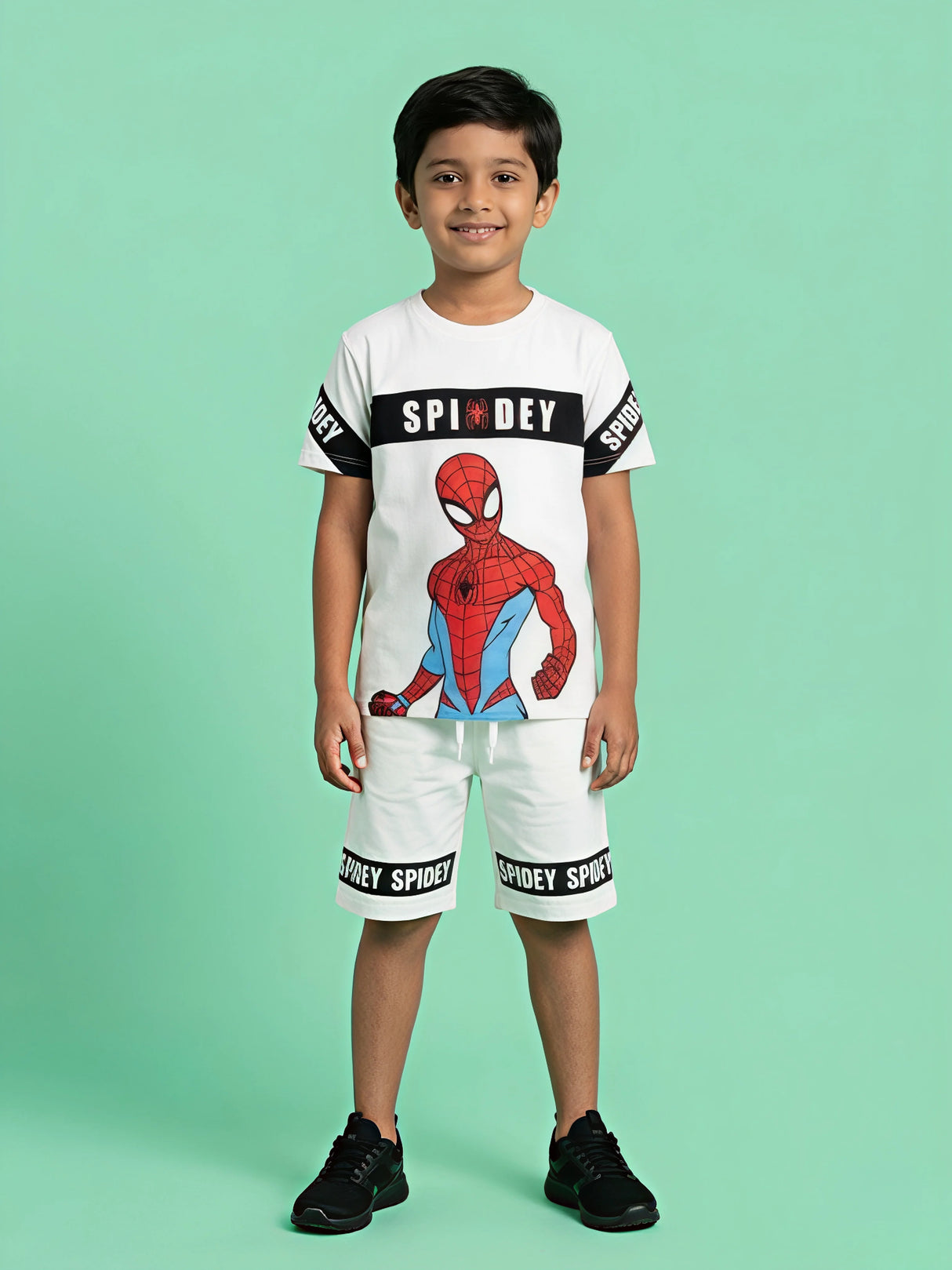 Boys Spidey Print White T-Shirt and Shorts Co-ord Set