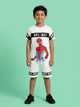 Boys Spidey Print White T-Shirt and Shorts Co-ord Set