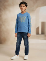 Boys blue full sleeve graphic t-shirt with Mickey Mouse typography print on the front and sleeve text.