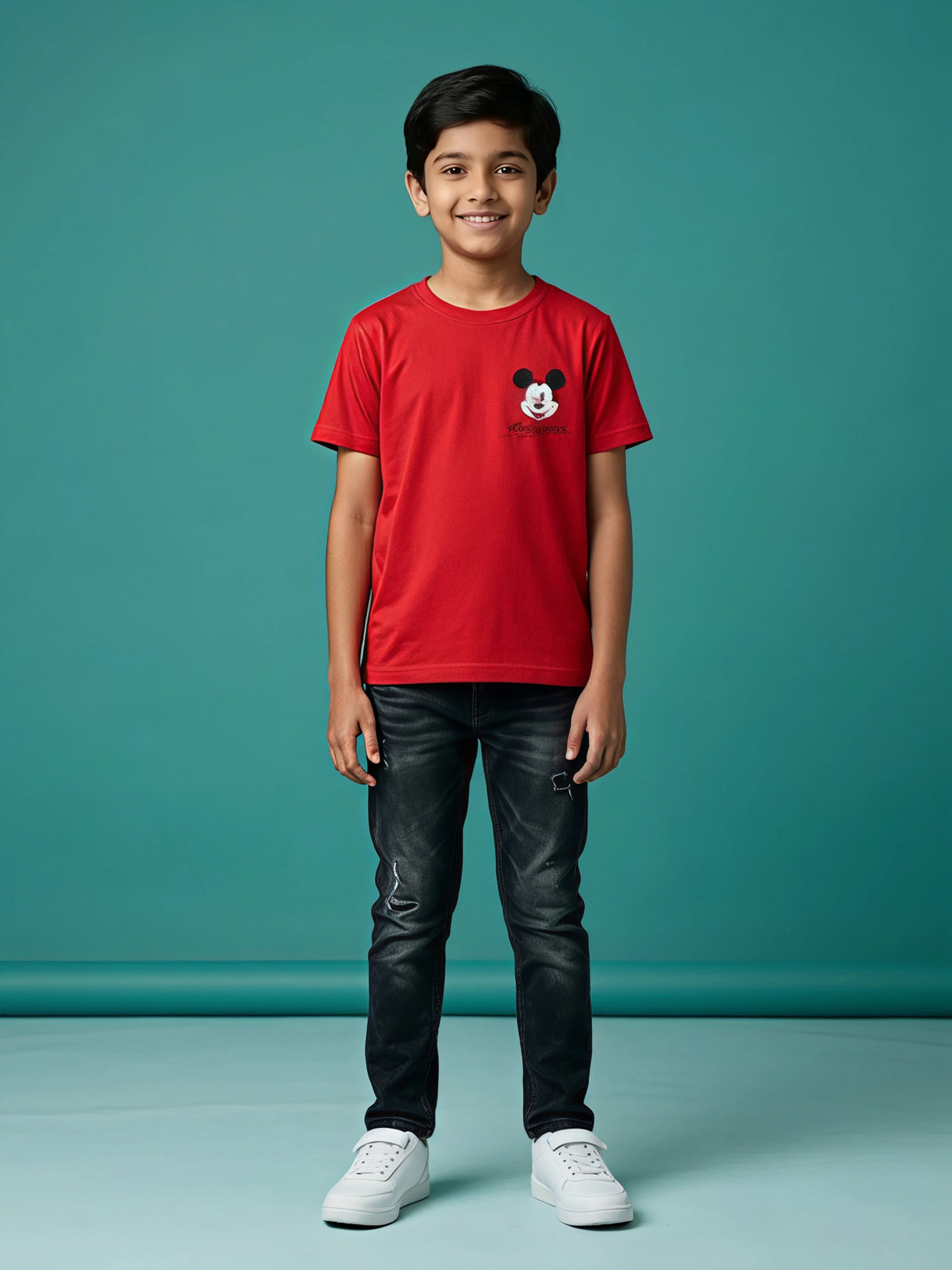 Boys Red Mickey Mouse Graphic Cotton T-Shirt