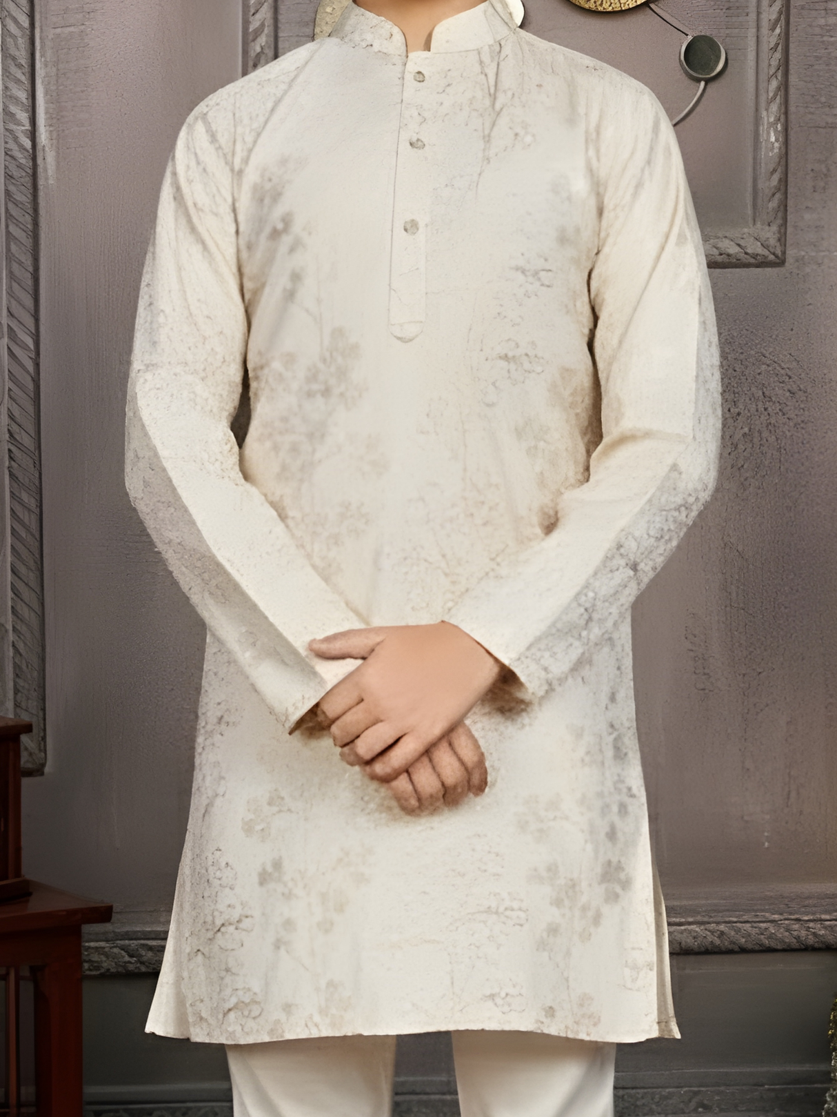 Boys' Cream Kurta Set with Pastel Floral Embroidered Nehru Jacket (Matching Set Available)