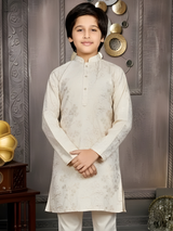 Boys' Cream Kurta Set with Pastel Floral Embroidered Nehru Jacket (Matching Set Available)
