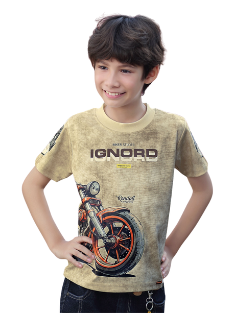 Young boy smiling in an aged cream/beige T-shirt with a vintage-style graphic of a motorcycle tire and the word "IGNORD" printed on a textured background.