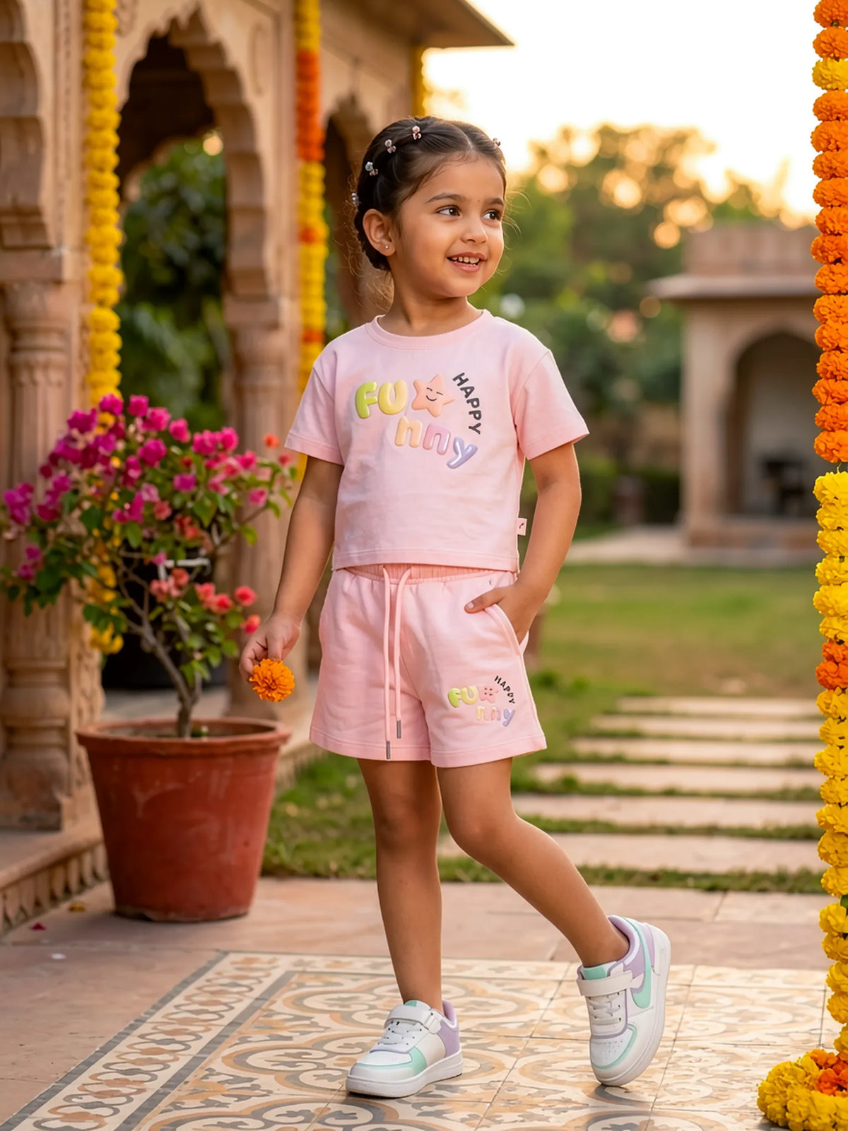 Girls Pink "Funny Happy" Graphic Cotton Shorts Set
