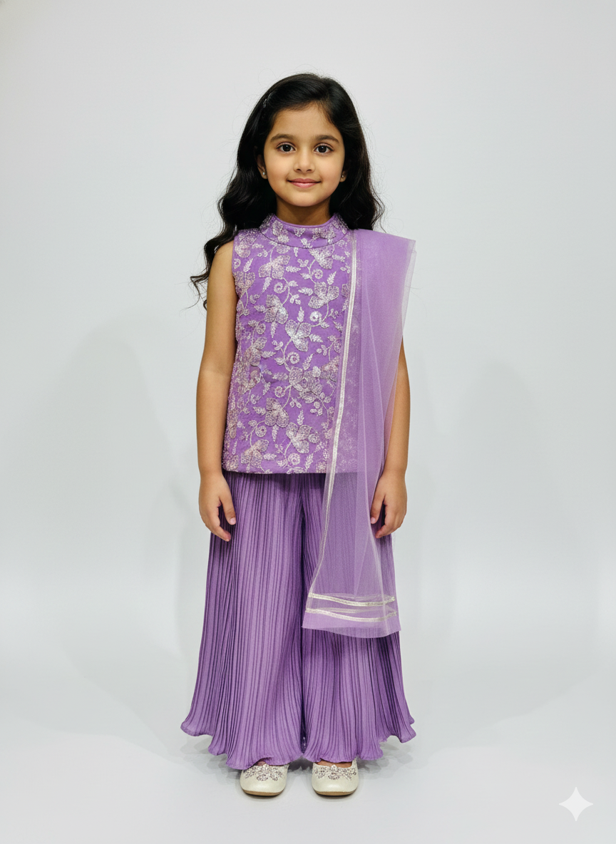 Young woman (teen/older child) wearing a cream floral sequin-embroidered lehenga skirt and a matching three-quarter sleeve short jacket (choli), draped with a net dupatta.