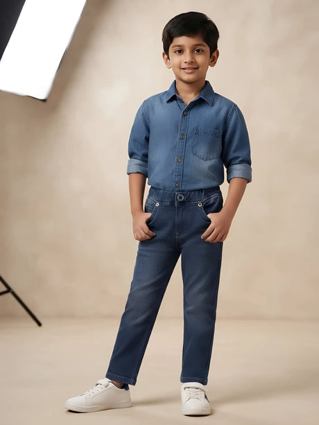 L.Blue solid washed denim pant for boys with an elastic waistband.