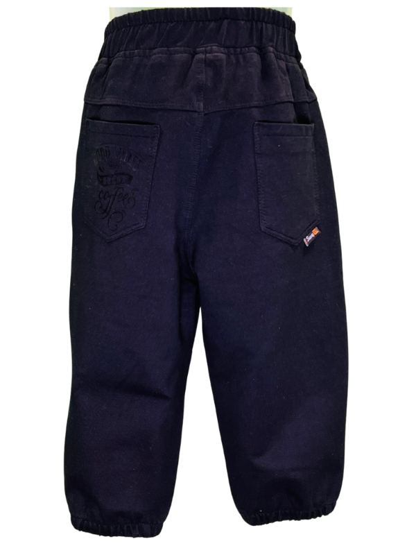 Boys' plain black denim jeans in a straight-leg style, featuring a gathered elastic waistband and a black web belt with a gold rectangular buckle.

Export to Sheets