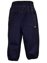 Boys' plain black denim jeans in a straight-leg style, featuring a gathered elastic waistband and a black web belt with a gold rectangular buckle.

Export to Sheets