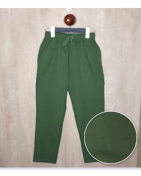 Pair of boys' olive green casual trousers made of cotton fabric, featuring a drawstring elasticated waist and pockets.