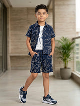 Boys Navy Blue Abstract Print Co-ord Set