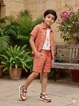 Boys Orange Floral Print Shirt & Shorts Set