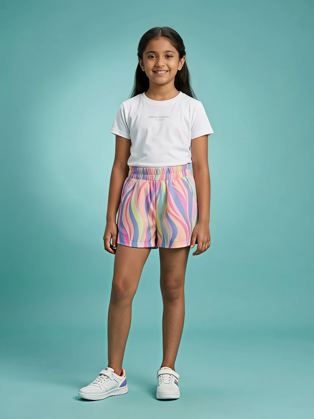 A young girl standing against a blue background wearing white sneakers, a white t-shirt, and pink casual shorts featuring a colorful wavy swirl pattern with a gathered elastic waistband, from the file TS15 - PINK - DAILY WEAR-artguru.jpg.