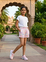 Girls' White Printed Casual Shorts with Pockets