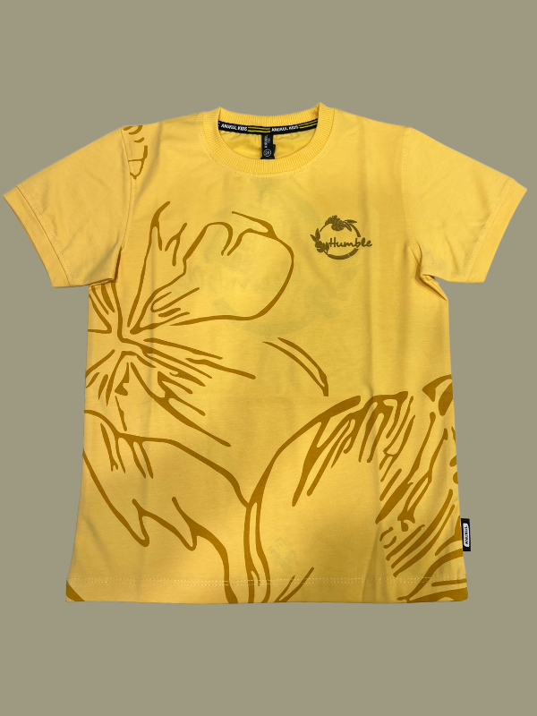 Sun Yellow boys' short-sleeve T-shirt with a large, subtle outline floral graphic and a small circular "humble" logo on the chest.