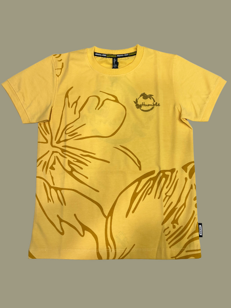 Sun Yellow boys' short-sleeve T-shirt with a large, subtle outline floral graphic and a small circular "humble" logo on the chest.