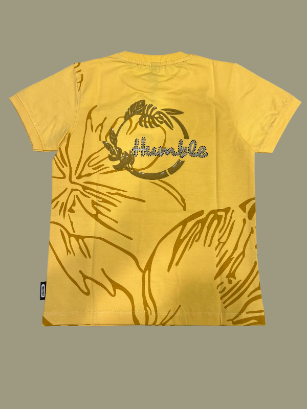 Sun Yellow boys' short-sleeve T-shirt with a large, subtle outline floral graphic and a small circular "humble" logo on the chest.