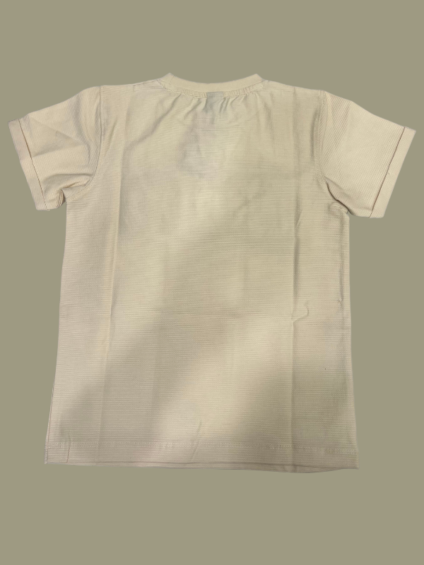 Cream/Off-White boys' short-sleeve T-shirt with a textured fabric and a large graphic patch that reads "DON'T STOP UNTIL YOU'RE PROUD" with colorful block letters for "PROUD.