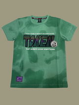Dual-tone green boys' short-sleeve T-shirt with a textured/washed look, featuring a large, stylized, holographic graphic that reads "TOKEN!" with surrounding motivational text