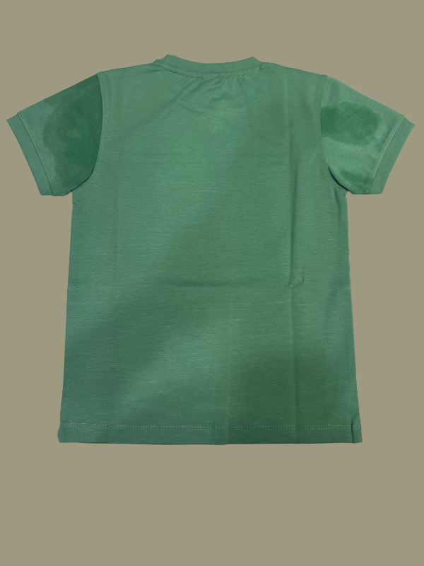 Dual-tone green boys' short-sleeve T-shirt with a textured/washed look, featuring a large, stylized, holographic graphic that reads "TOKEN!" with surrounding motivational text