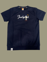 Dark Navy Blue boys' short-sleeve T-shirt with a white "Free Spirit" script and a small cartoon graphic of a backpacker figure, with a band detail at the bottom hem