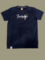 Dark Navy Blue boys' short-sleeve T-shirt with a white "Free Spirit" script and a small cartoon graphic of a backpacker figure, with a band detail at the bottom hem