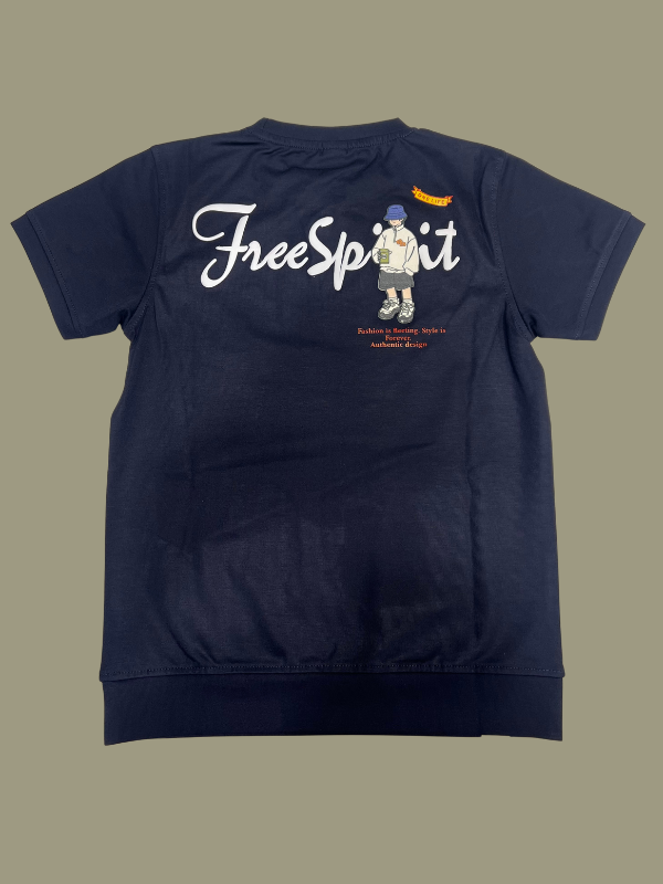 Dark Navy Blue boys' short-sleeve T-shirt with a white "Free Spirit" script and a small cartoon graphic of a backpacker figure, with a band detail at the bottom hem